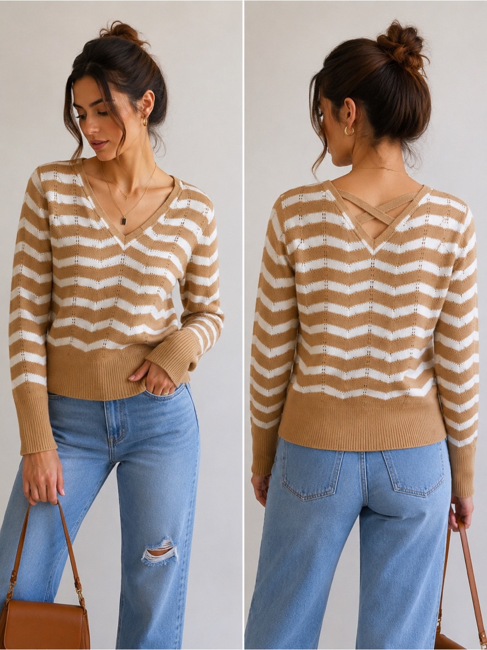 FCT With Love Tan & White Striped Knit Sweater – Size Large